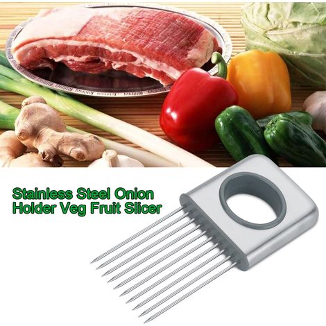 Zwiebelhalter aus Edelstahl mit 10 Zinken – Multifunktionaler Gemüseschneider, Hobel und Schäler für Obst, Fleisch und Gemüse (1/5)