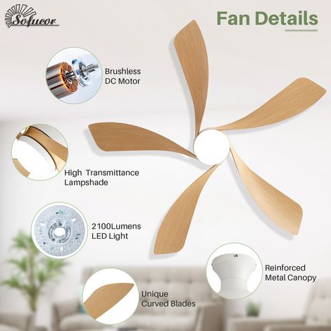 Ventilateur de plafond Sofucor 132 cm avec éclairage et télécommande, 5 pales en ABS, design moderne, discret et silencieux, idéal pour une chambre à coucher - Blanc et jaune — vue 3