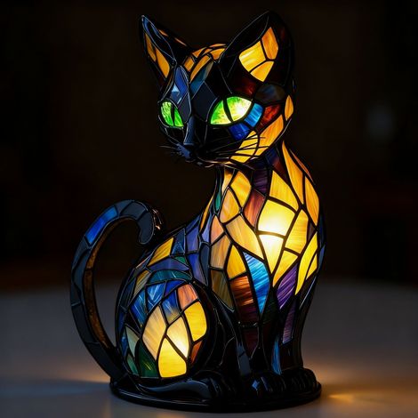 Lámpara de mesa con forma de gato mirando hacia atrás (funciona con pilas) - Lámpara de mesa retro - Luz nocturna 3D con forma de animal - 17 cm - Adorno de luz LED 3D