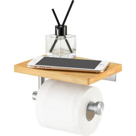 Porte-papier toilette avec étagère – Support mural en bambou et acier inoxydable SUS304 – Finition brossée (1/5)