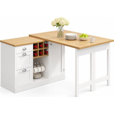 Table bar extensible blanche avec rangement, îlot de cuisine pivotant 360°, table rabattable avec casier à bouteilles et tiroir, en MDF CHICFURN (1/5)