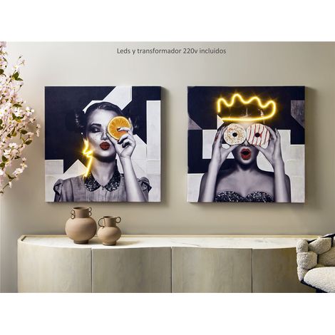 Toile imprimée style Pop Art, 50 % peinture à l'huile avec bandes LED, 70 x 70 cm. Lot de 2 toiles 70 x 3 x 70 cm. (1/3)