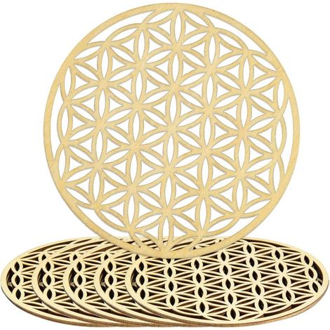 6 Pièces Fleur de Vie en Bois, Dessous de Verre Panneau Cercle pour Recharger les Pierres, Décoration Murale, Purification, Méditation, 10 x 10 cm (1/5)