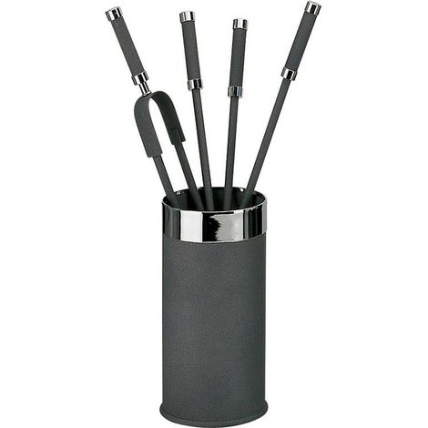 Porta attrezzi camino tondo acciaio antracite finiture cromo 4 accessori h.60 d. 16 cm. Made in Italy