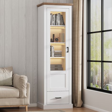 Vitrina alta LED (50x35x178 cm), con USB, 5 estantes, 1 cajón, vidrio templado, MDF blanco