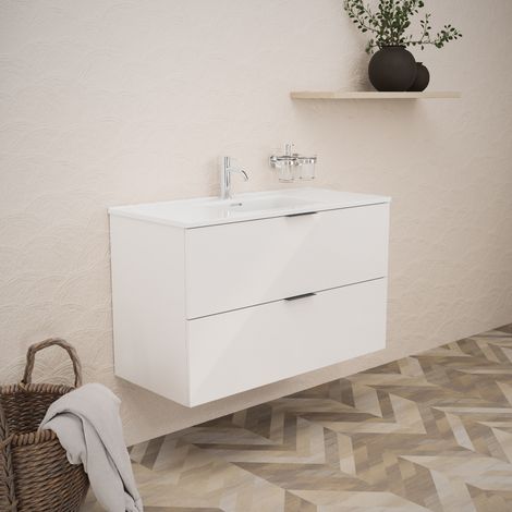 Inda - Badezimmerschrank B.100 mit glänzendem Waschbecken / Weiß glänzend 2 Schubladen - Topazio (1/5)