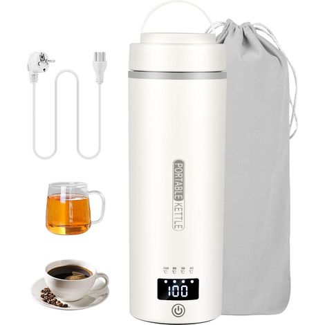 Bouilloire Portable, 550 ML Bouilloire Voiture, Avec 4 Régulateurs de Température Bouilloires Voyage, Mini Bouilloires de Voyage en Acier Inoxydable 316, Idéale pour Thé Café Lait (1/5)