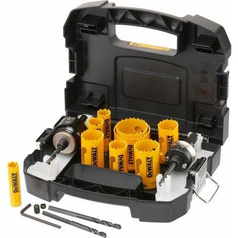 Juego de 11 sierras de copa bimetálicas DeWALT para electricistas, diámetros de 20 mm a 127 mm, incluye adaptadores y caja de almacenamiento, ideales para perforaciones precisas en instalaciones eléct