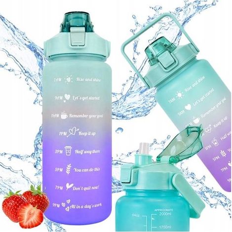 Gourde 2 litres avec repères de motivation, grande bouteille d'eau sport avec poignée, bidon portable bleu violet (1/2)