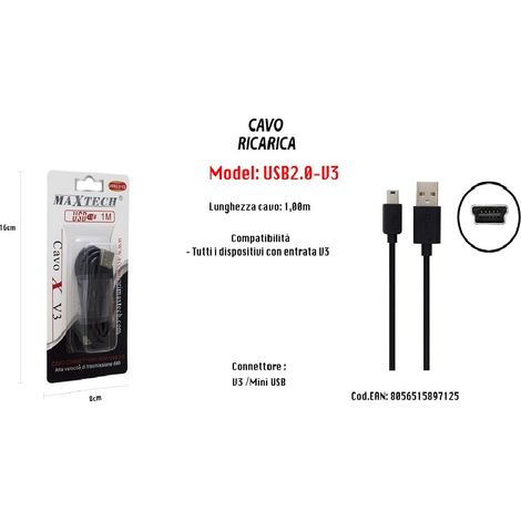 MaxTech - Cavo Caricabatteria Caricatore Ricarica Usb Con Entrata V3 1mt Maxtech Usb2.0-v3 -