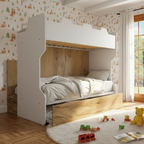 Letto a castello con scala contenitore e terzo letto estraibile - Cameretta salvaspazio - Bianco e Quercia