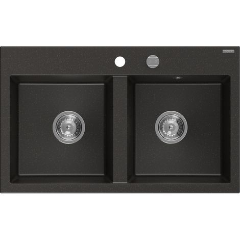 Mexen Hektor évier en granit à 2 compartiments 800 x 480 mm, noir/métallisé or, siphon chromé - 6521802000-75 (1/5)