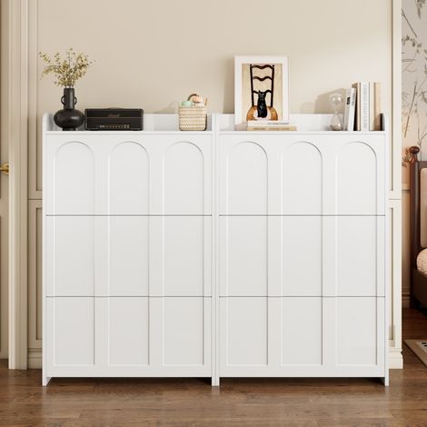 Scarpiera con 6 ante a ribalta, 12 scomparti e un cassetto, in MDF bianco, 140x25x120 cm (1/5)