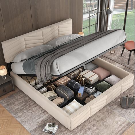 Cama doble con arcón hidráulico tapizada beige 160x200 OKMYHOME (1/5)