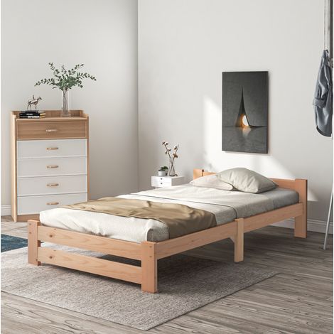 Letto singolo minimalista in legno massello di pino naturale 90x200 cm, struttura ventilata, altezza 49 cm (1/5)