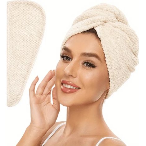 (Beige, 25 cm x 65 cm) Serviette absorbante unie pour femme, idéale pour sécher les cheveux, avec châle à boutons. (1/5)