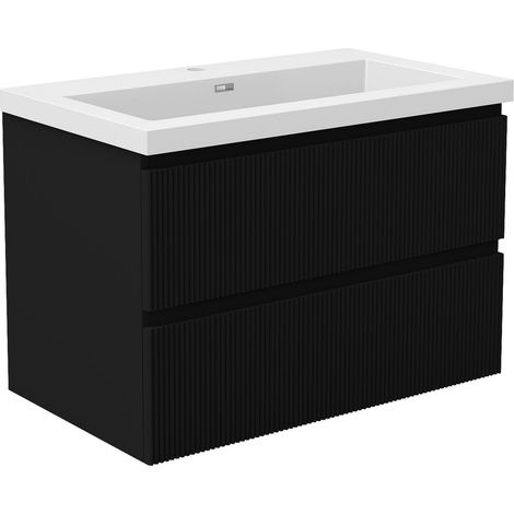 Meuble de Salle de Bain Suspendu Noir Cannelé 80cm, 2 tiroirs Silencieux, Vasque en Résine , Facile à nettoyer et à installer (1/5)
