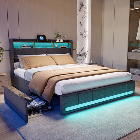 Lit 160 x 200 avec sommier,lit 2 places avec tiroirs et étagères de rangement ouvertes,lit capitonné avec LED et USB,lits double avec sommier en lin gris (1/5)