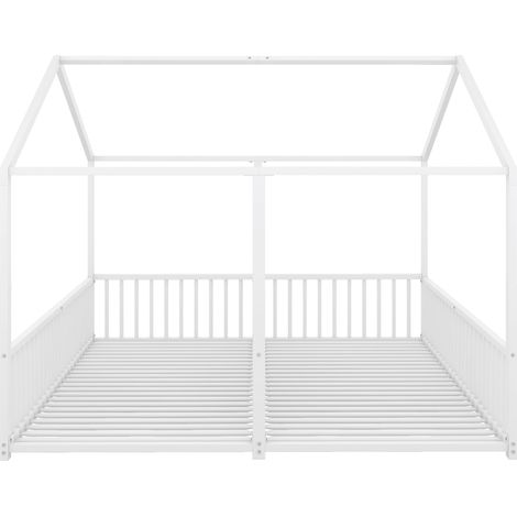 Lit métallique enfant 90x200 cm, garde-corps, échelle, design maison, convertible en lit double, structure métallique, blanc, matelas non inclus (1/5)