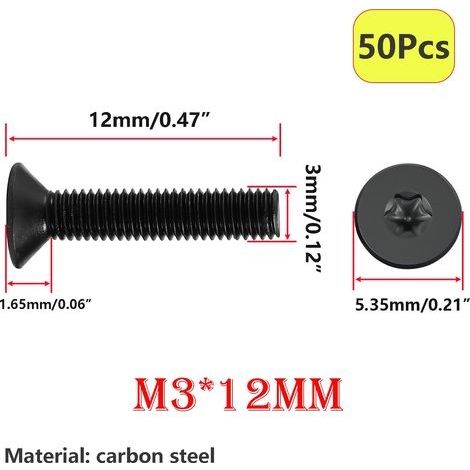 50 Pièces Vis à Tête Fraisée, M3 x 12mm Tête Torx, en Acier Carbone 10.9, Vis Mécaniques (1/5)