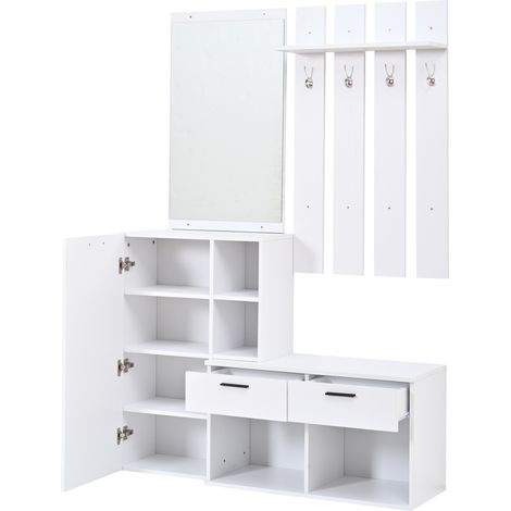 Mobile da ingresso con scarpiera, specchio e 2 cassetti, MDF bianco, 120 x 35 x 175,5 cm (1/5)