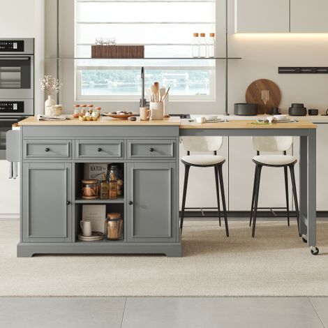 Meuble bar Îlot de cuisine mobile 112-188x45x92 cm avec plateau extensible, tiroirs, étagère à épices, MDF gris naturel