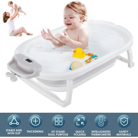 FLITI Ergonomic Folding Baby Bathtub with Non-Slip Cushion and Bath Net - 87x47x22cm White Grey (1/5)