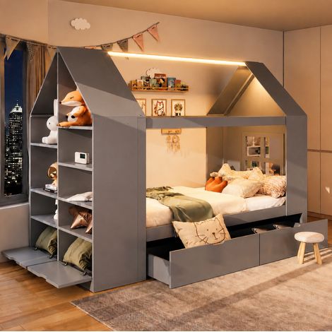 Cama infantil 90x200 cm tipo casita con LED y almacenaje, 2 cajones, gris OKWISH (1/5)
