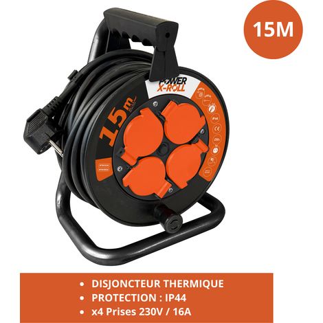 Enrouleur 15m H07VVF 3G1.50 mm² 4 prises 16A/230V Protection enfant et disjoncteur intégré (1/2)