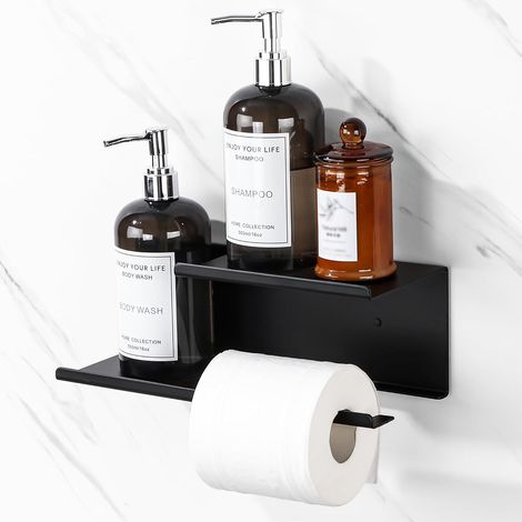 Dérouleur Porte Papier Toilette avec Étagères Spacieuse, Support Porte Papier Toilette Mural avec Tablette sans Perçage en Haute Qualité Aluminium, Montage par Vis/Auto-adhésif, Noir Mat (1/5)