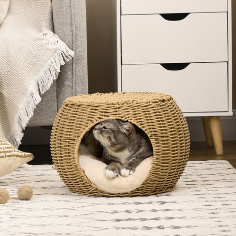 Niche panier maison pour chat 2 niveaux en résine tressée aspect rotin avec 1 coussin doux Ø 40 x 30 cm marron clair