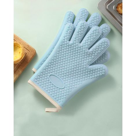 Lot de 2 gants de cuisine en silicone résistants à la chaleur – Gants de cuisson double couche avec 5 doigts, imperméables et antidérapants pour cuisine, pâtisserie, barbecue (bleu) (1/5)