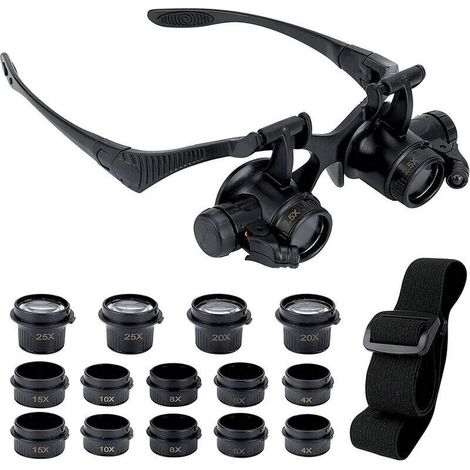 Loupe avec 2 lumières LED, 8 lentilles amovibles, loupe montée sur la tête, loupe mains libres pour réparation, lecture, bijoux, montres (2,5X 4X 6X 8X 10X 15X 20X 25X) (1/5)