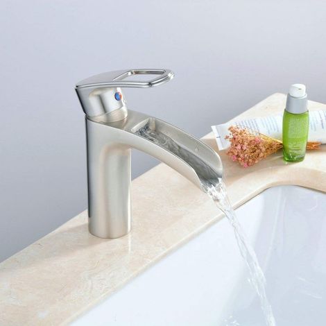 Mitigeur cascade robinet pour salle de bain nickel brossé laiton bassin mélangeur robinets un trou montage lavabo moderne (1/5)