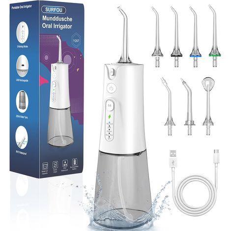 Jet Dentaire Hydropulseur et Irrigateurs 5 Modes 7 Embouts, IPX7 Etanche, USB-C Rechargeable et Réservoir D'eau 230 ML pour Voyage et Utilisation à la Maison (1/5)