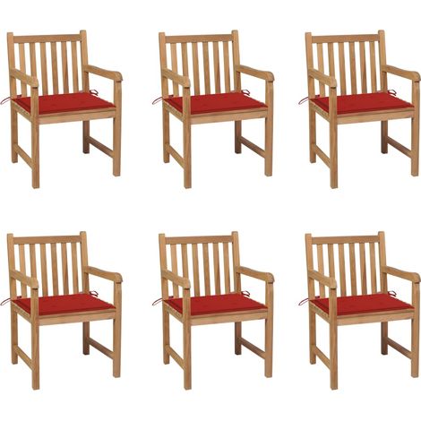 Teenpull – Gartenstühle 6 Stk. mit Roten Kissen Massivholz Teak (1/5)