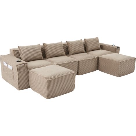 Sofá modular de 4 plazas de corduroy con 2 taburetes, portavasos y bolsillos, 330 x 162 x 75 cm (1/5)