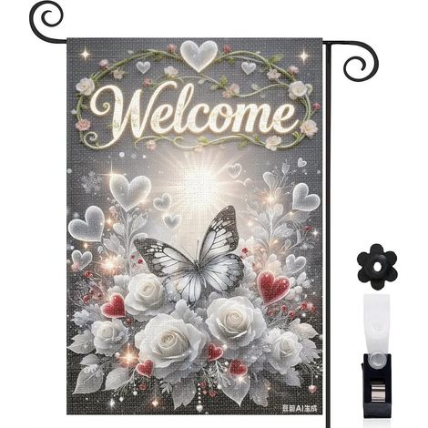 Drapeau de jardin floral 30 x 45 cm motif papillon et fleurs blanches toile double face pour décoration extérieure saisonnière (1/5)