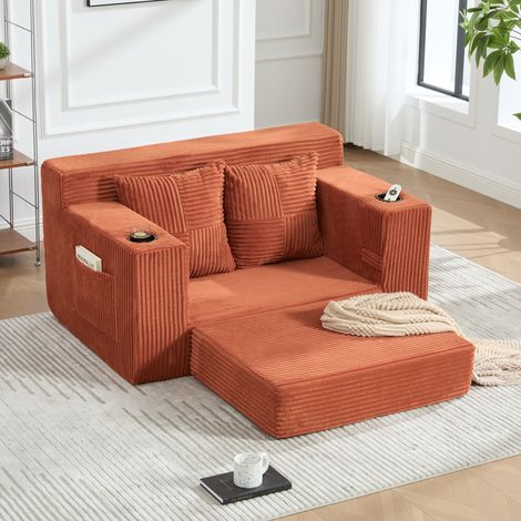 DESMIU Fauteuil Pouf avec Poches Latérales, Deux Coussins et Accoudoirs, en Velours Côtelé Orange (1/5)