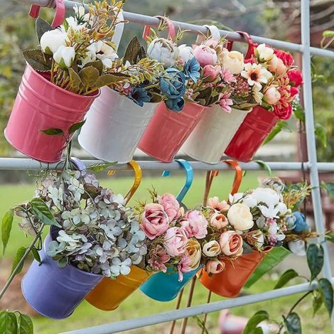 Lot de 10 pots suspendus en métal avec crochets amovibles, décoration de clôture et de balcon, 10 couleurs, 10x8x16cm (1/5)