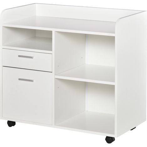 Armoire imprimante 3 compartiments 2 tiroirs fichiers étagère roues réglables blanc 80x40x72 cm (1/5)