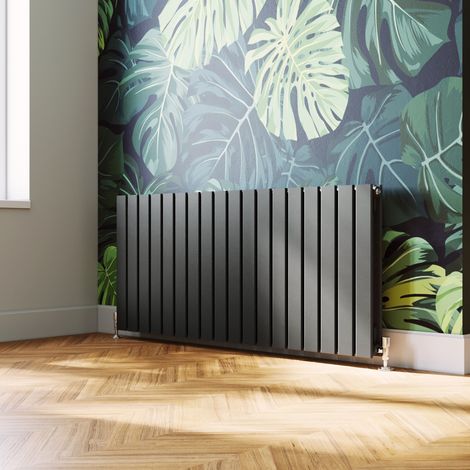 ELEGANT Anthracite Steel Radiator 600x1368mm Horizontal Double Flat Panel + Chrome Thermostatic Radiator Valves (1/5)