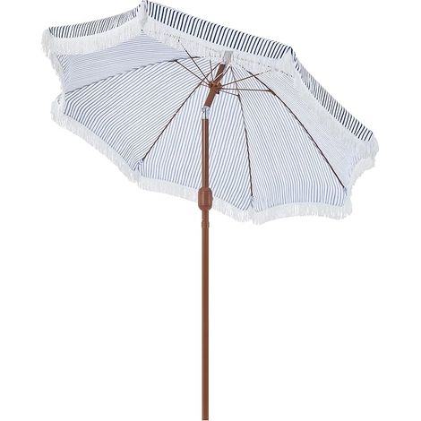 Parasol de Jardin d'extérieur avec Franges, 236/275cm, Parasol Inclinable, Anti-UV/l'eau, avec Canopée Réglable, Manivelle, 8 Baleines, Housse,Bleu et Blanc