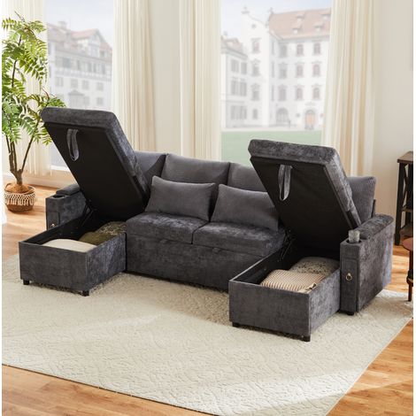 Canapé-lit modulable en U 272x131x84 cm gris en chenille et velours côtelé avec rangement et porte-gobelets (1/5)