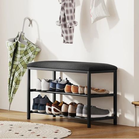 Panca scarpiera 81/31/50 cm nera con seduta imbottita e vani aperti (1/5)