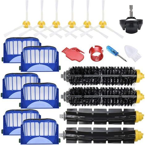 Kit d'Accessoires de Rechange pour iRobot Roomba Série 600 (605, 610, 614, 620, 650, 675, 680, 690) - Pack 21 Pièces : 2 Paires de Brosses Principales, 6 Filtres Bleus, 6 Brosses Latérales, 1 Roulette
