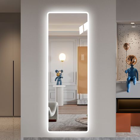 Specchio a figura intera illuminato, 163 x 54 cm, LED, angoli arrotondati, ideale per bagno, camera da letto o spogliatoio. (1/5)