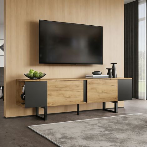 Meuble TV 180x40x55 cm avec 2 portes et niches ouvertes latérales, pour TV jusqu’à 75 pouces, bois et noir