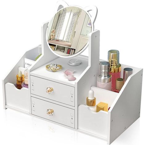 Longziming – Organisateur de maquillage avec miroir rotatif 360° – 2 tiroirs et 4 compartiments – PVC durable et résistant à l'humidité (1/5)