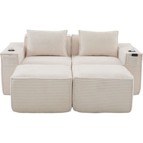 Modulares 2-Sitzer-Sofa aus beigem Cord mit 2 Hockern, Getränkehaltern und Taschen (1/5)